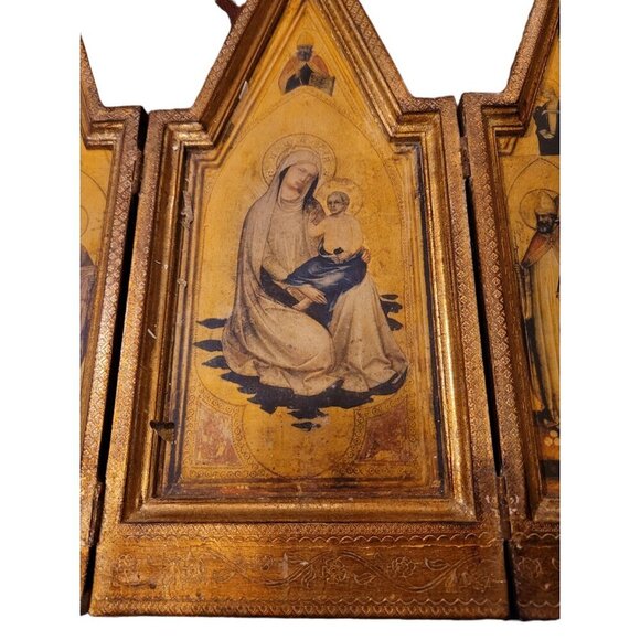 1940's Florentine Gilt Religious Tryptic - Madonna & Child - Picture 4 of 13